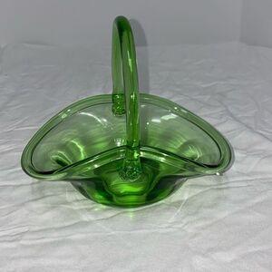Vintage Green Glass Floral Basket Applied Handle